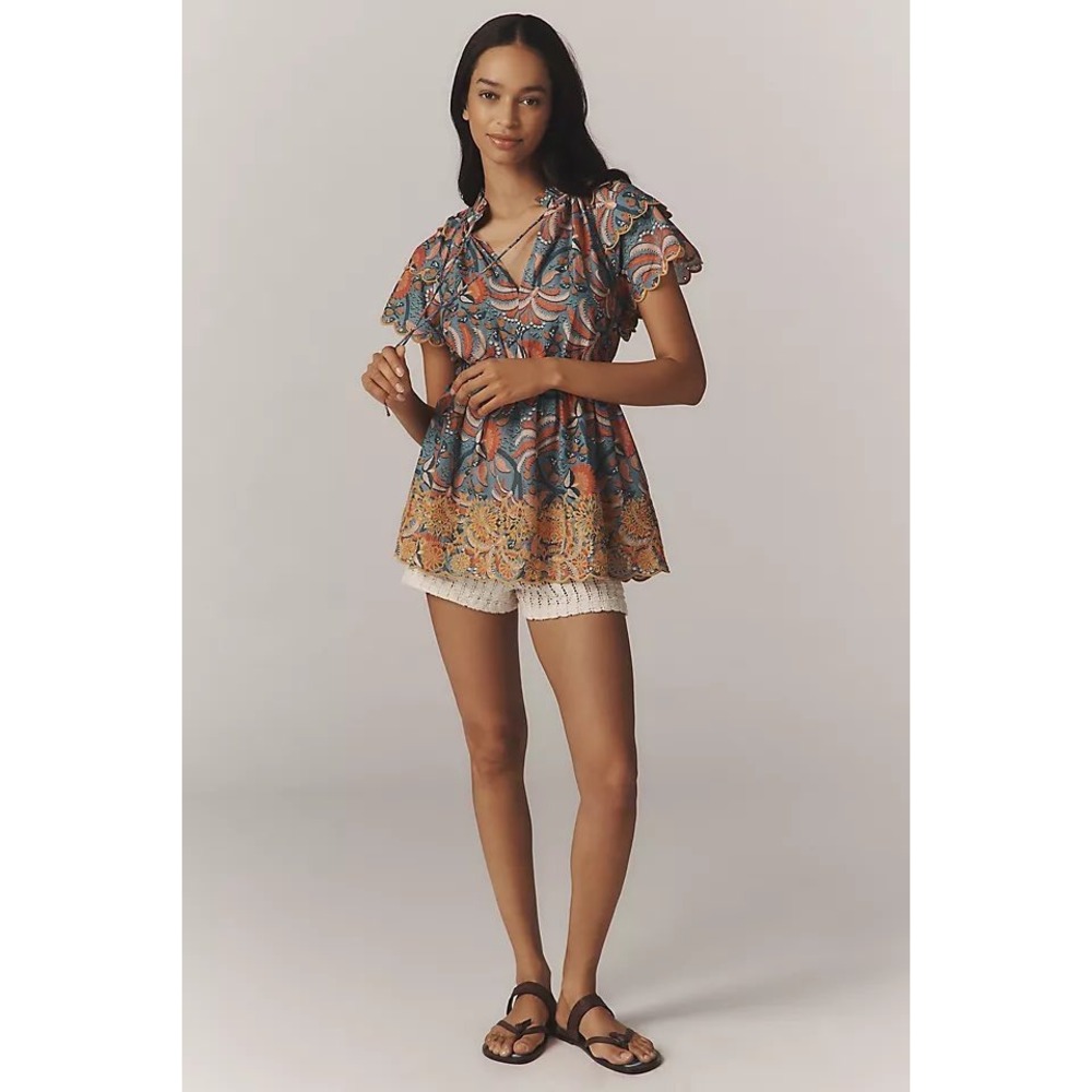 Farm Rio‎ Printed Richelieu High Neck Short Sleeve Ruffle Blouse Tropical XL